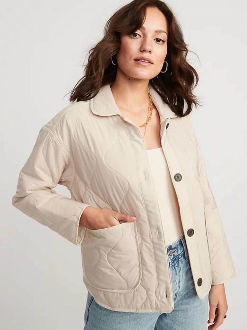 Old Navy Cream Quilted Button-Front Puffer Jacket - Women